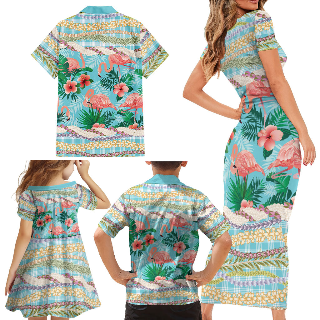 Flamingo Hawaii Summer Family Matching Short Sleeve Bodycon Dress and Hawaiian Shirt Hawaiian Lei Pakala Motifs Tropical Style