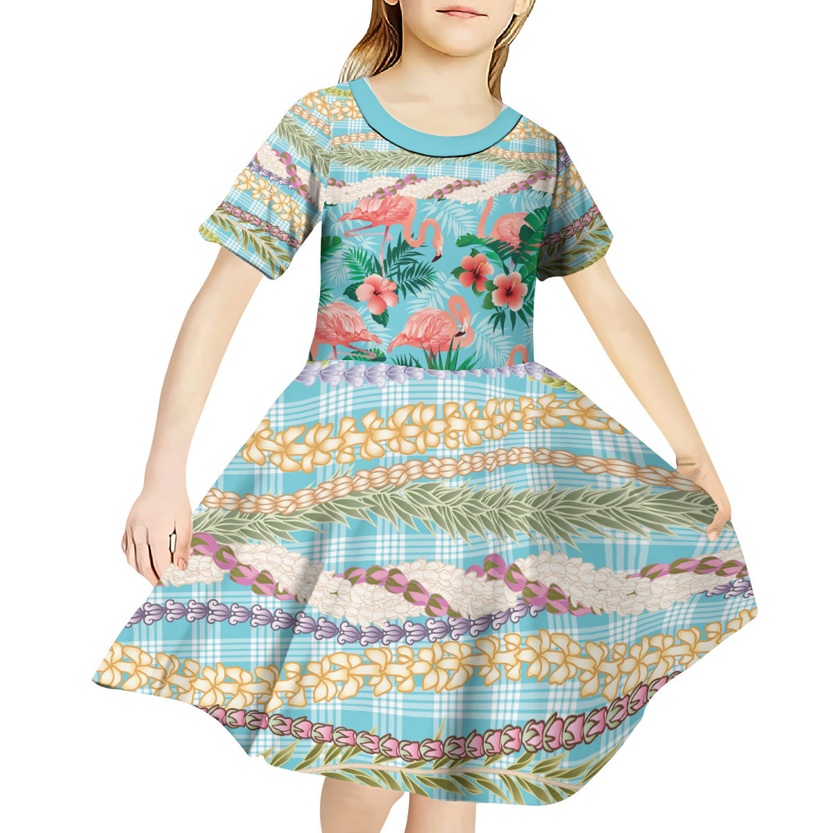 Flamingo Hawaii Summer Kid Short Sleeve Dress Hawaiian Lei Pakala Motifs Tropical Style