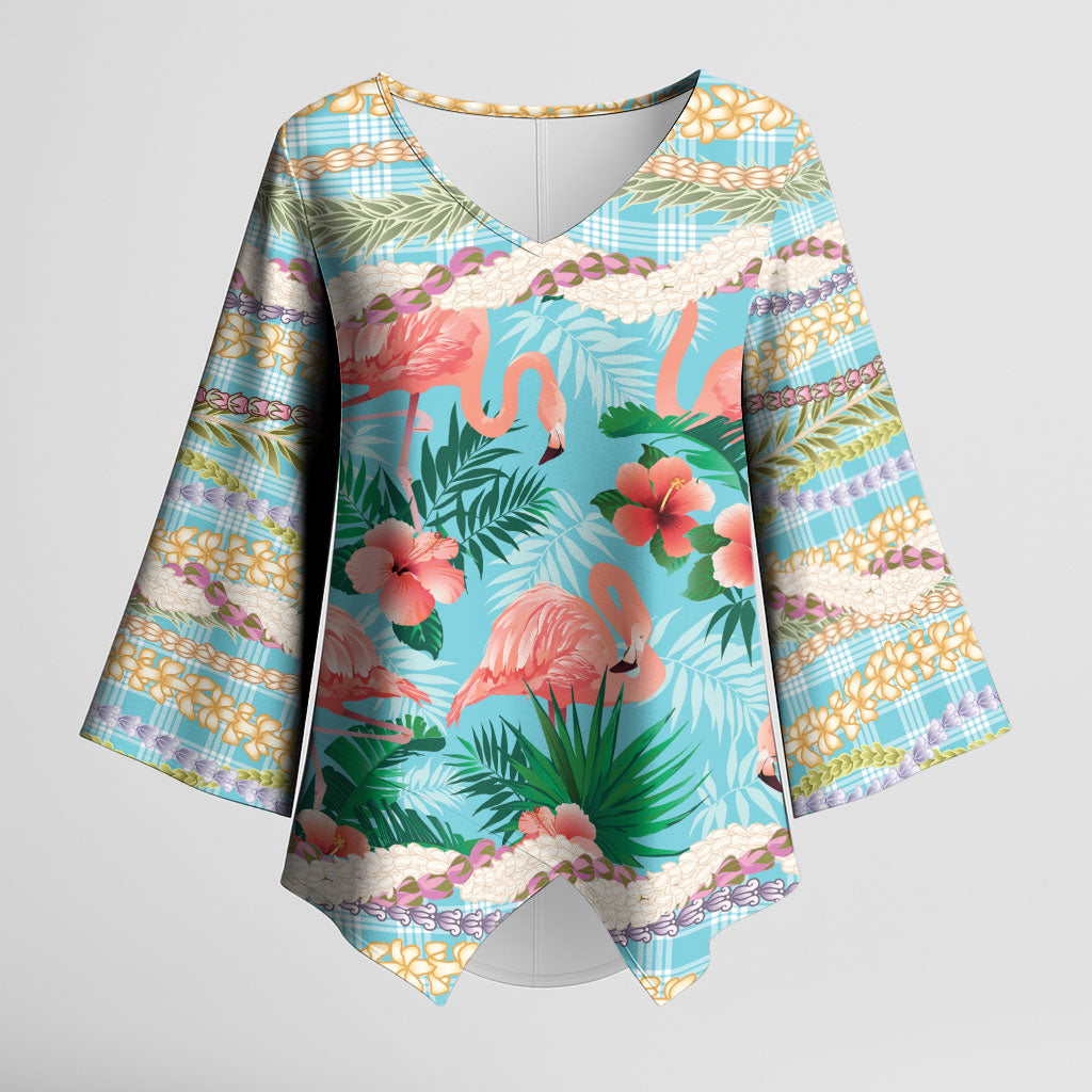 Flamingo Hawaii Summer Kimono Sleeve Blouse Hawaiian Lei Pakala Motifs Tropical Style