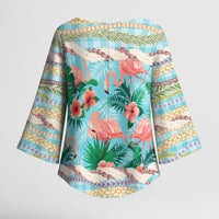 Flamingo Hawaii Summer Kimono Sleeve Blouse Hawaiian Lei Pakala Motifs Tropical Style