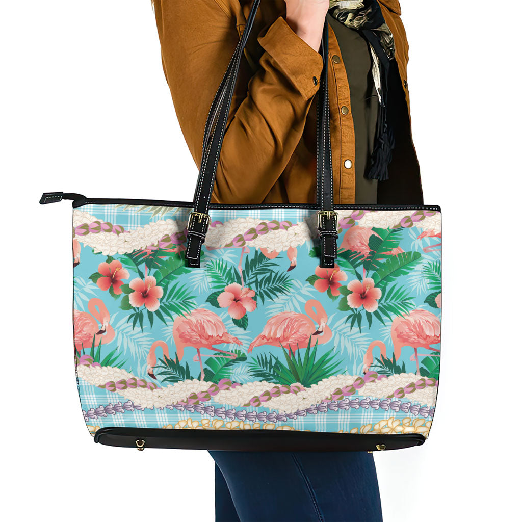 Flamingo Hawaii Summer Leather Tote Bag Hawaiian Lei Pakala Motifs Tropical Style