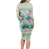 Flamingo Hawaii Summer Long Sleeve Bodycon Dress Hawaiian Lei Pakala Motifs Tropical Style