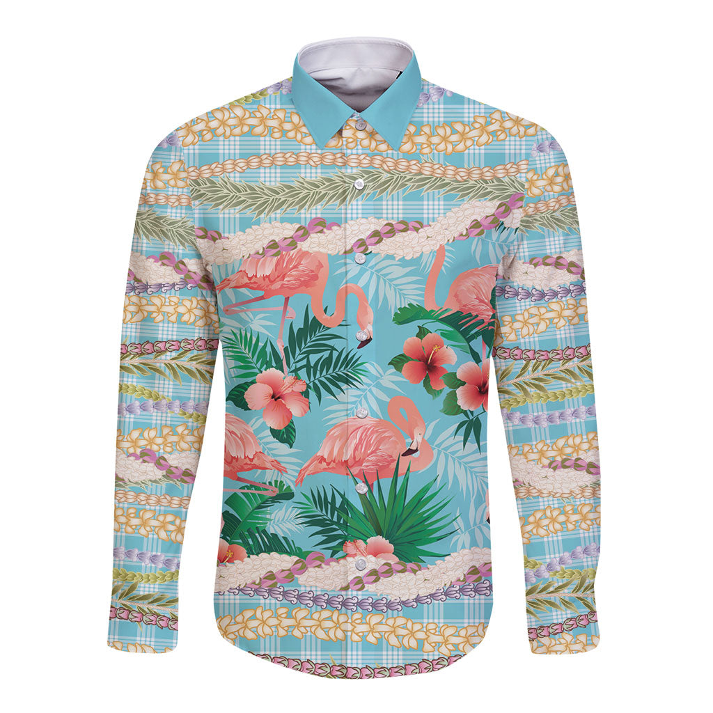 Flamingo Hawaii Summer Long Sleeve Button Shirt Hawaiian Lei Pakala Motifs Tropical Style LT14 Unisex Cyan - Polynesian Pride