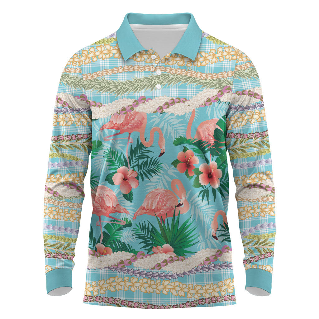 Flamingo Hawaii Summer Long Sleeve Polo Shirt Hawaiian Lei Pakala Motifs Tropical Style