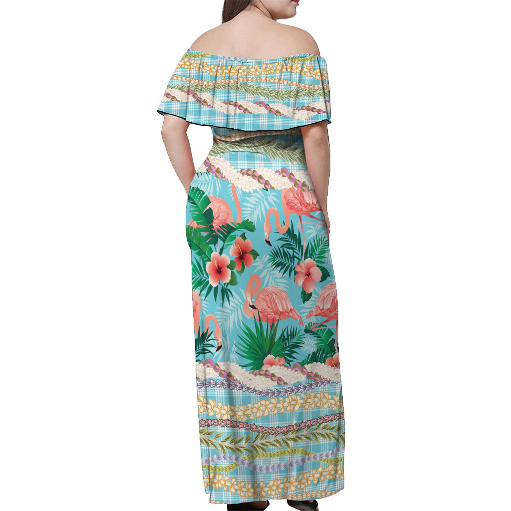 Flamingo Hawaii Summer Off Shoulder Maxi Dress Hawaiian Lei Pakala Motifs Tropical Style