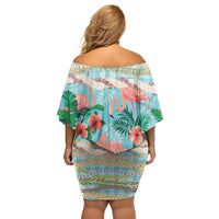 Flamingo Hawaii Summer Off Shoulder Short Dress Hawaiian Lei Pakala Motifs Tropical Style