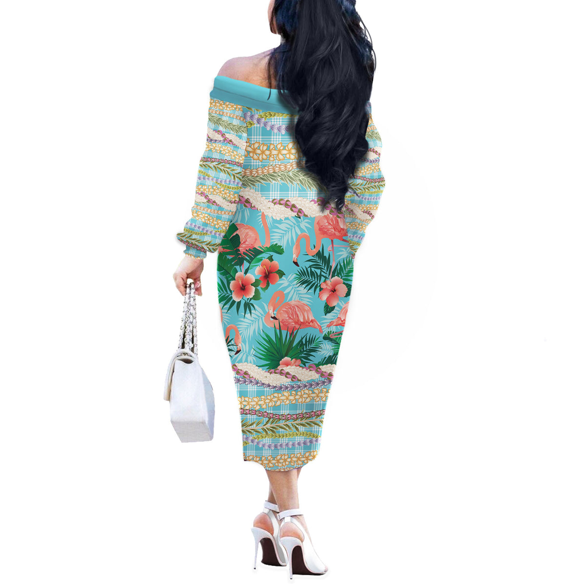 Flamingo Hawaii Summer Off The Shoulder Long Sleeve Dress Hawaiian Lei Pakala Motifs Tropical Style