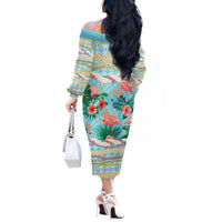 Flamingo Hawaii Summer Off The Shoulder Long Sleeve Dress Hawaiian Lei Pakala Motifs Tropical Style