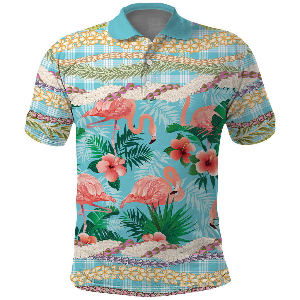 Flamingo Hawaii Summer Polo Shirt Hawaiian Lei Pakala Motifs Tropical Style LT14 Cyan - Polynesian Pride
