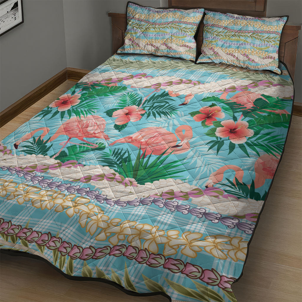 Flamingo Hawaii Summer Quilt Bed Set Hawaiian Lei Pakala Motifs Tropical Style