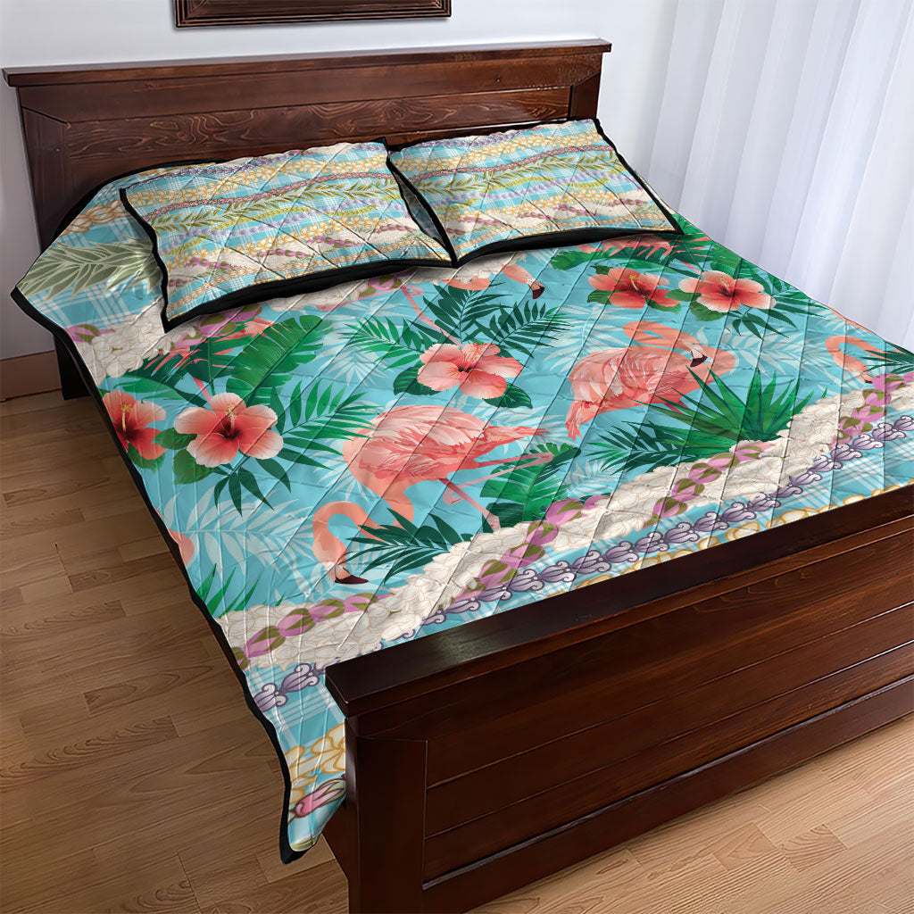 Flamingo Hawaii Summer Quilt Bed Set Hawaiian Lei Pakala Motifs Tropical Style