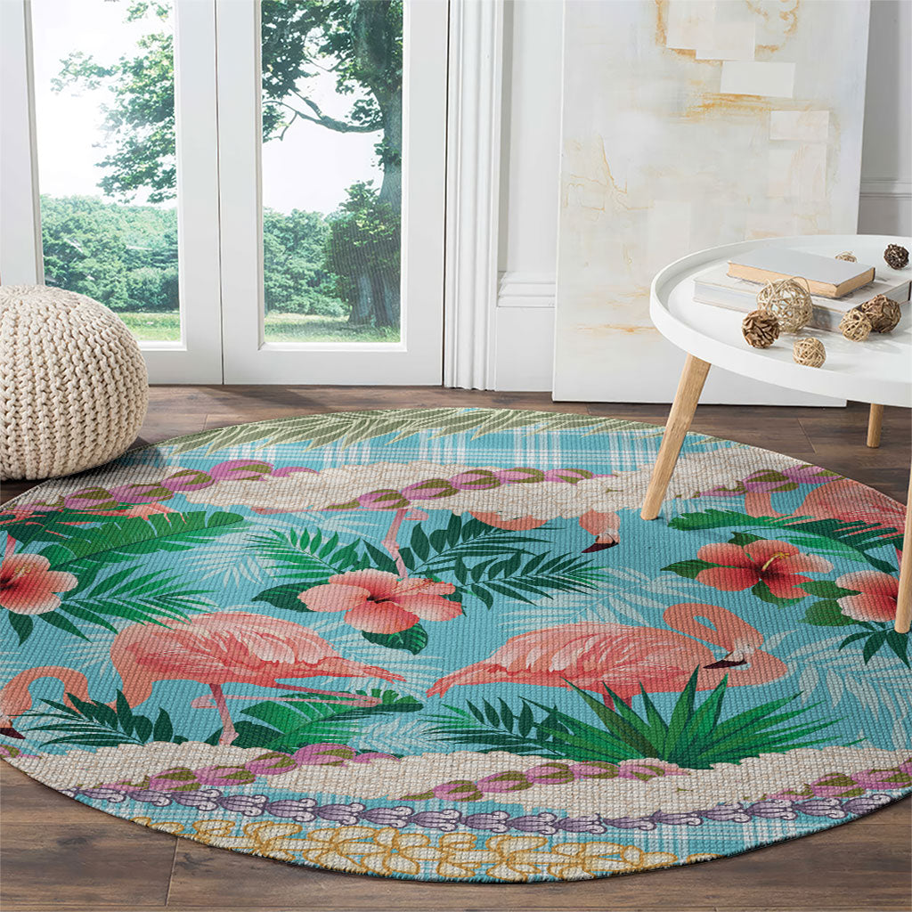 Flamingo Hawaii Summer Round Carpet Hawaiian Lei Pakala Motifs Tropical Style