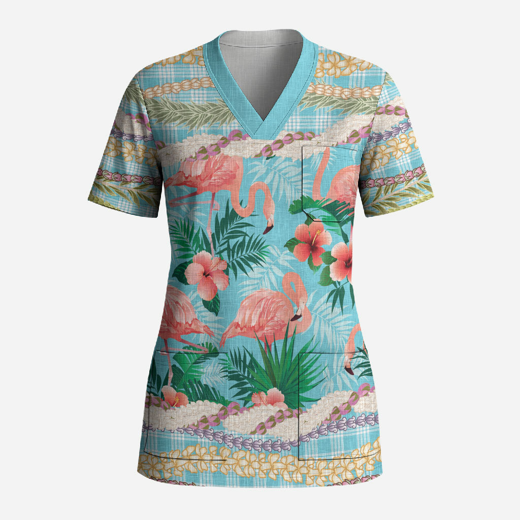 Flamingo Hawaii Summer Scrub Top Hawaiian Lei Pakala Motifs Tropical Style LT14 Adult Cyan - Polynesian Pride