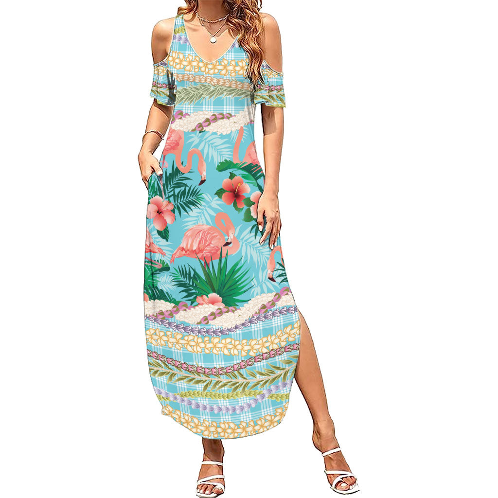 Flamingo Hawaii Summer Summer Maxi Dress Hawaiian Lei Pakala Motifs Tropical Style LT14 Women Cyan - Polynesian Pride