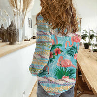 Flamingo Hawaii Summer Women Casual Shirt Hawaiian Lei Pakala Motifs Tropical Style