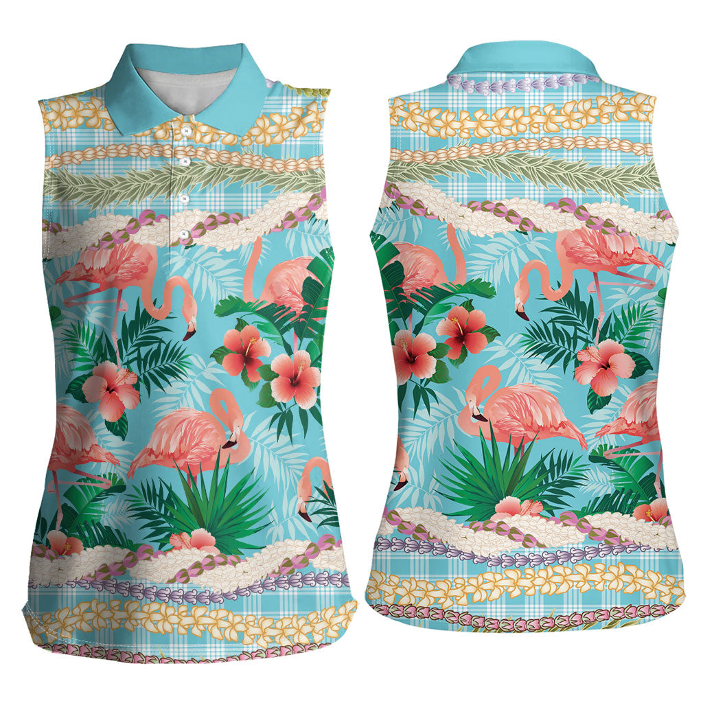Flamingo Hawaii Summer Women Sleeveless Polo Shirt Hawaiian Lei Pakala Motifs Tropical Style