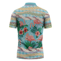 Flamingo Hawaii Summer Zipper Polo Shirt Hawaiian Lei Pakala Motifs Tropical Style