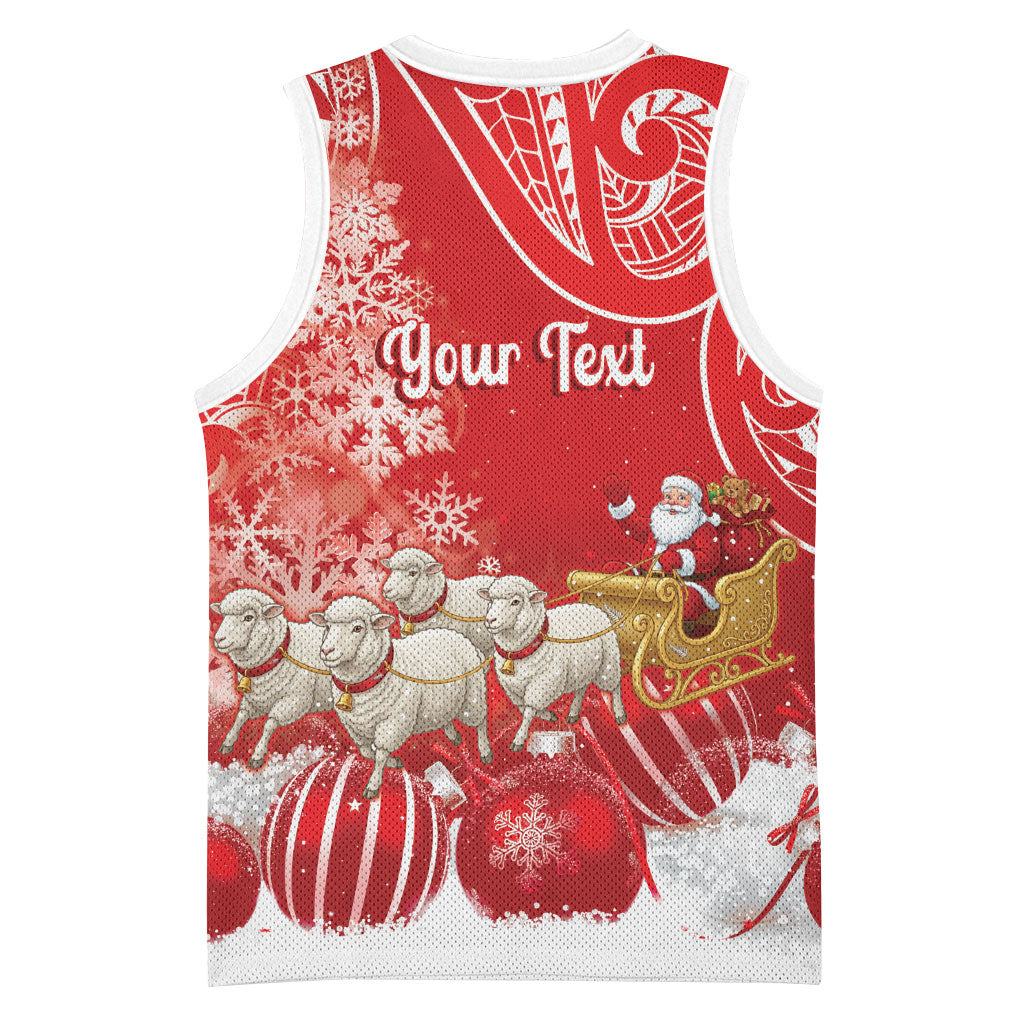New Zealand Christmas In July Personalised Basketball Jersey Funny Santa Sheep Meri Kirihimete Red