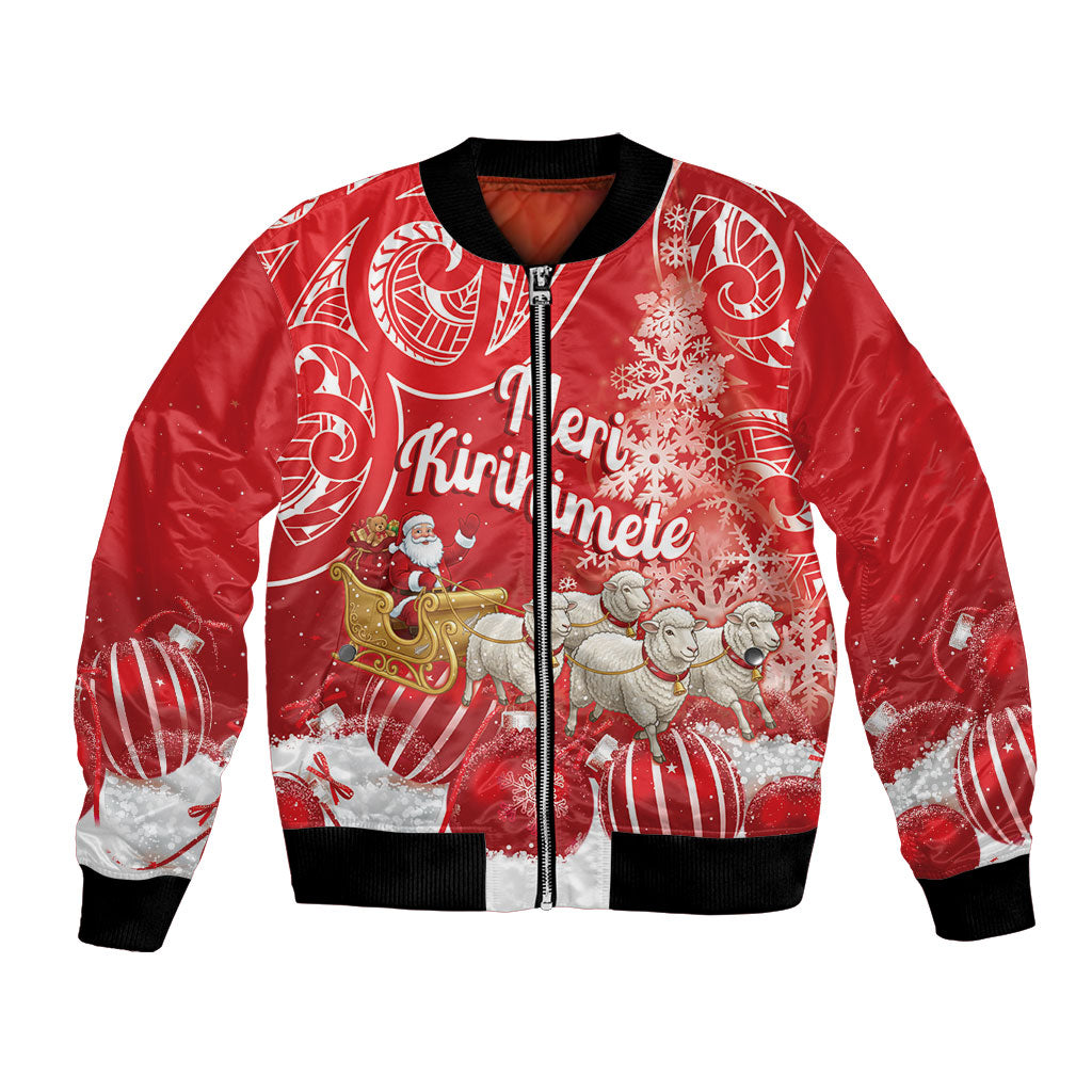 New Zealand Christmas In July Personalised Bomber Jacket Funny Santa Sheep Meri Kirihimete Red