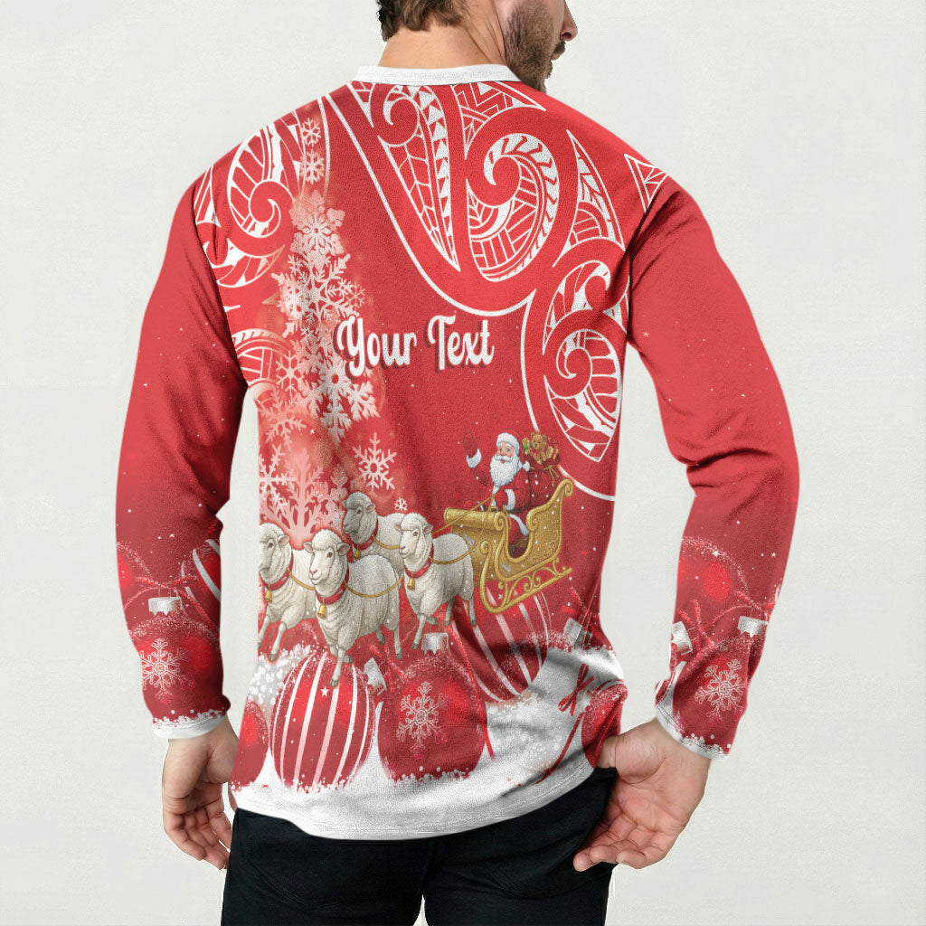 New Zealand Christmas In July Personalised Button Sweatshirt Funny Santa Sheep Meri Kirihimete Red