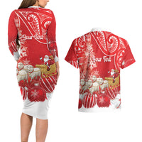 New Zealand Christmas In July Personalised Couples Matching Long Sleeve Bodycon Dress and Hawaiian Shirt Funny Santa Sheep Meri Kirihimete Red