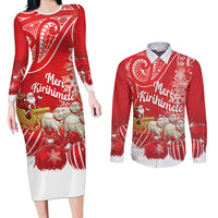 New Zealand Christmas In July Personalised Couples Matching Long Sleeve Bodycon Dress and Long Sleeve Button Shirt Funny Santa Sheep Meri Kirihimete Red