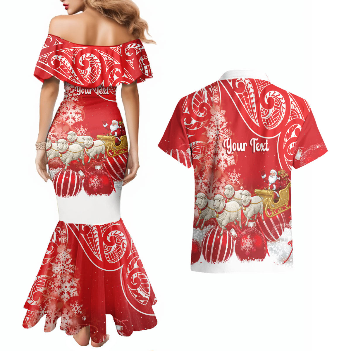 New Zealand Christmas In July Personalised Couples Matching Mermaid Dress and Hawaiian Shirt Funny Santa Sheep Meri Kirihimete Red