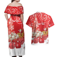 New Zealand Christmas In July Personalised Couples Matching Off Shoulder Maxi Dress and Hawaiian Shirt Funny Santa Sheep Meri Kirihimete Red