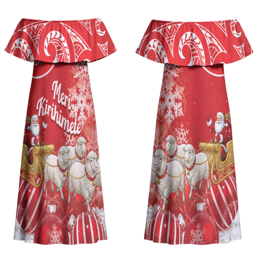 New Zealand Christmas In July Personalised Couples Matching Off Shoulder Maxi Dress and Hawaiian Shirt Funny Santa Sheep Meri Kirihimete Red LT14 - Polynesian Pride