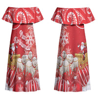 New Zealand Christmas In July Personalised Couples Matching Off Shoulder Maxi Dress and Hawaiian Shirt Funny Santa Sheep Meri Kirihimete Red LT14 - Polynesian Pride