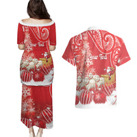 New Zealand Christmas In July Personalised Couples Matching Puletasi and Hawaiian Shirt Funny Santa Sheep Meri Kirihimete Red