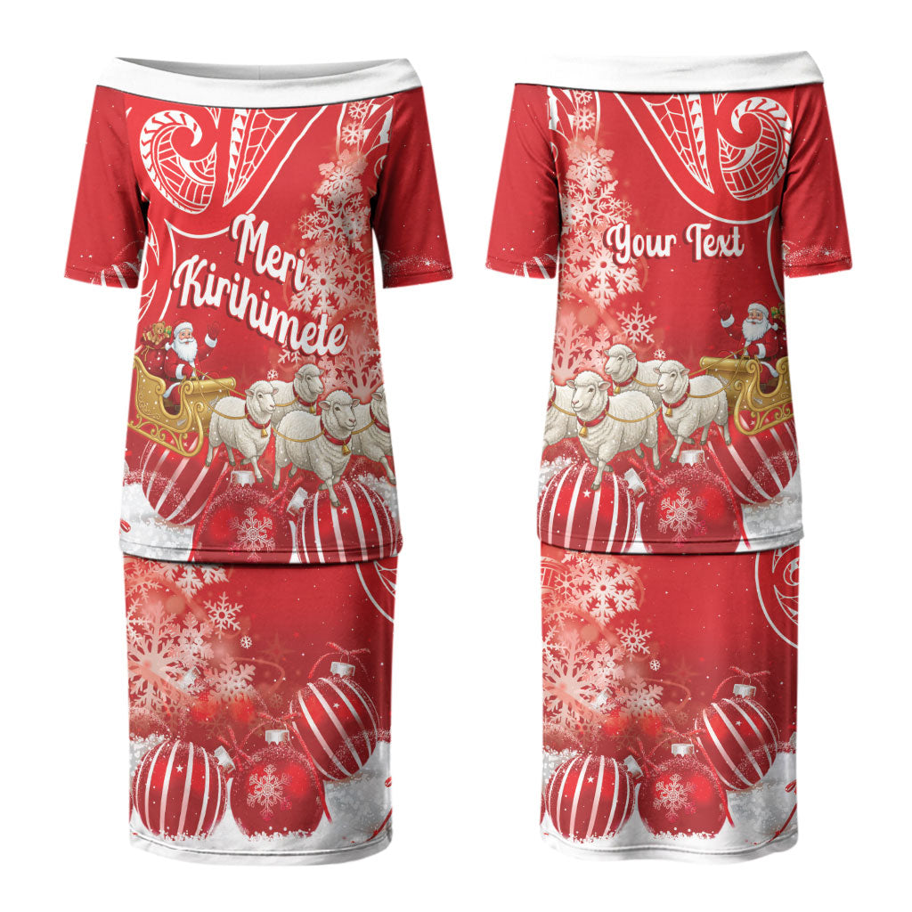 New Zealand Christmas In July Personalised Couples Matching Puletasi and Long Sleeve Button Shirt Funny Santa Sheep Meri Kirihimete Red LT14 - Polynesian Pride