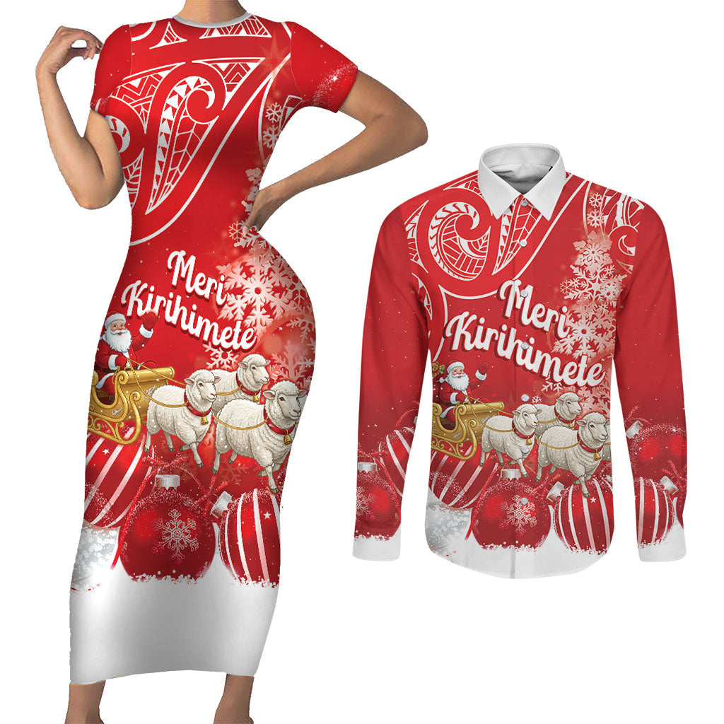 New Zealand Christmas In July Personalised Couples Matching Short Sleeve Bodycon Dress and Long Sleeve Button Shirt Funny Santa Sheep Meri Kirihimete Red