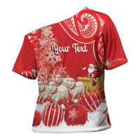 New Zealand Christmas In July Personalised Cross Shoulder Shirt Funny Santa Sheep Meri Kirihimete Red