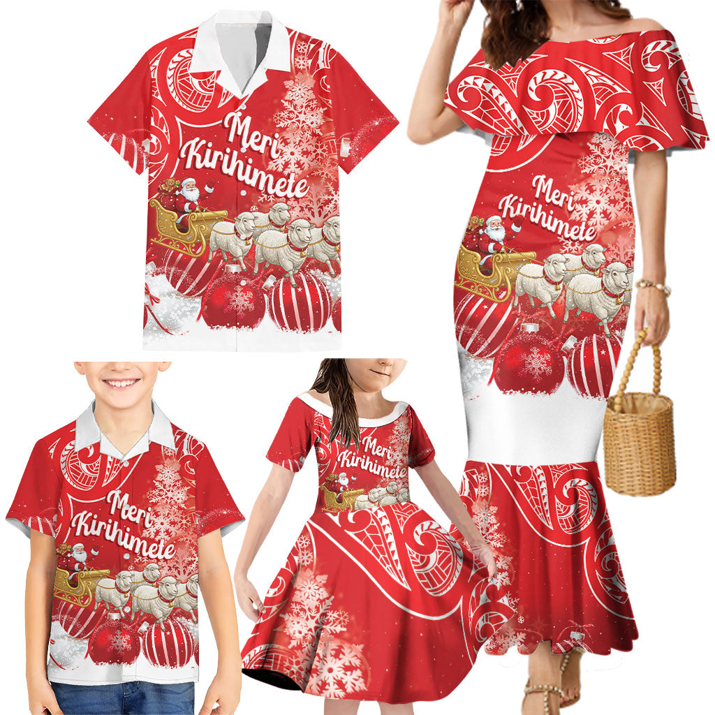 New Zealand Christmas In July Personalised Family Matching Mermaid Dress and Hawaiian Shirt Funny Santa Sheep Meri Kirihimete Red LT14 - Polynesian Pride