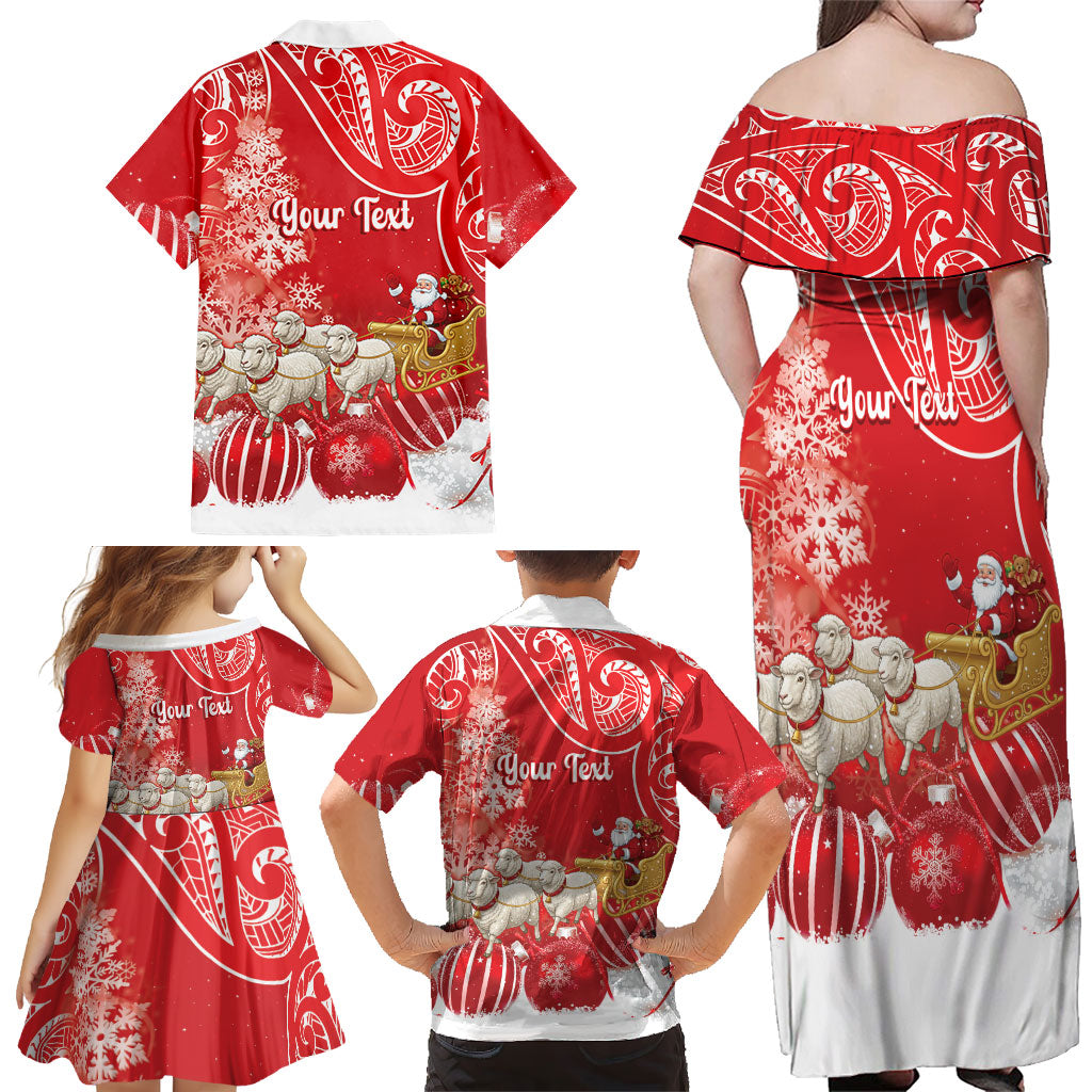 New Zealand Christmas In July Personalised Family Matching Off Shoulder Maxi Dress and Hawaiian Shirt Funny Santa Sheep Meri Kirihimete Red