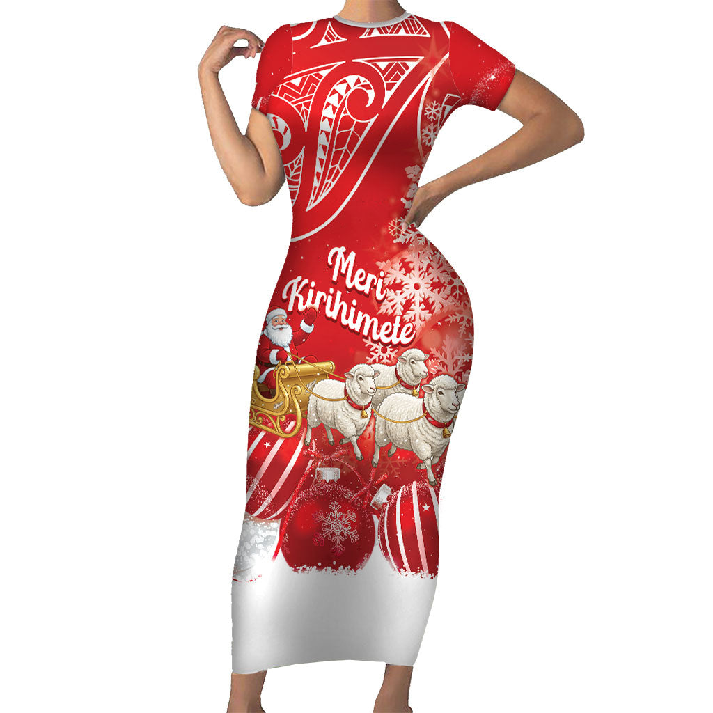 New Zealand Christmas In July Personalised Family Matching Short Sleeve Bodycon Dress and Hawaiian Shirt Funny Santa Sheep Meri Kirihimete Red
