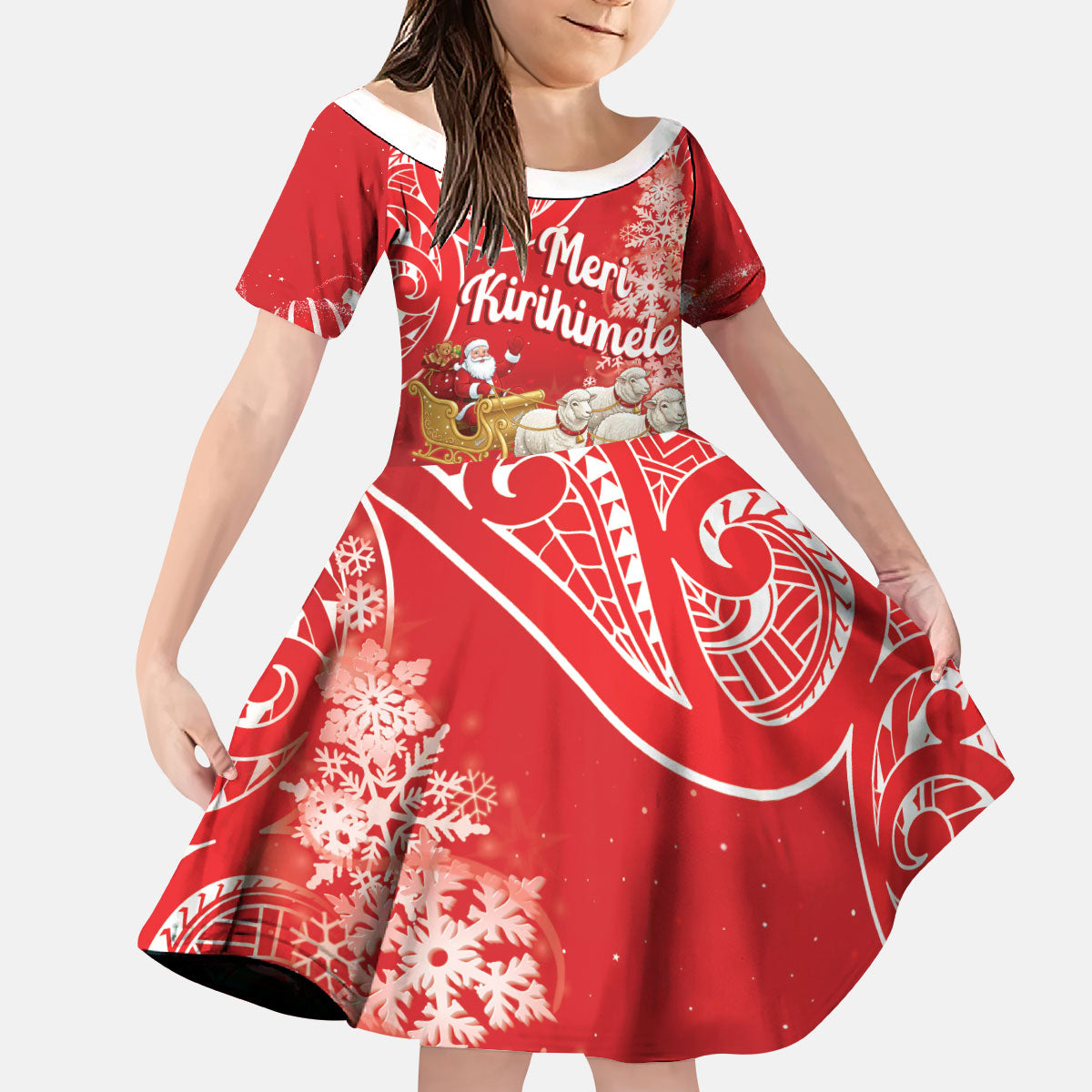 New Zealand Christmas In July Personalised Kid Short Sleeve Dress Funny Santa Sheep Meri Kirihimete Red