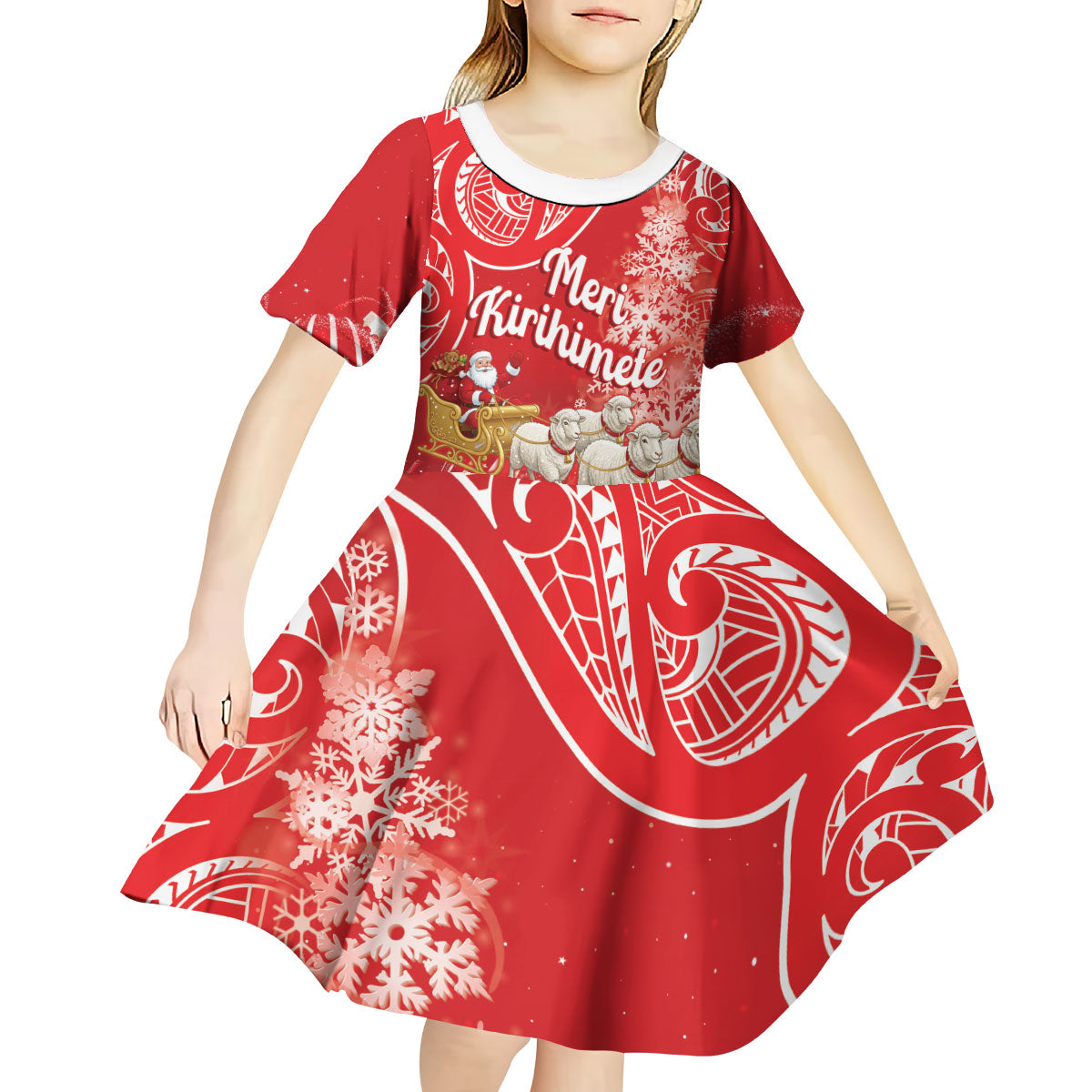 New Zealand Christmas In July Personalised Kid Short Sleeve Dress Funny Santa Sheep Meri Kirihimete Red