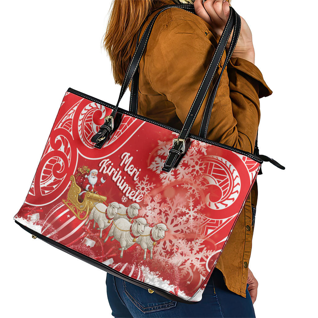 New Zealand Christmas In July Leather Tote Bag Funny Santa Sheep Meri Kirihimete Red