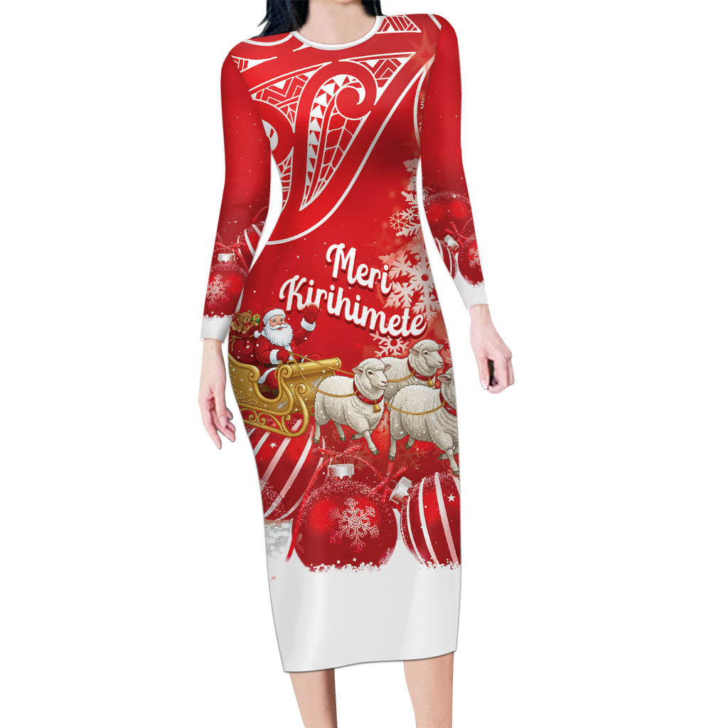 New Zealand Christmas In July Personalised Long Sleeve Bodycon Dress Funny Santa Sheep Meri Kirihimete Red