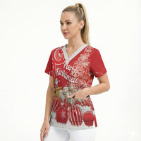 New Zealand Christmas In July Personalised Scrub Top Funny Santa Sheep Meri Kirihimete Red