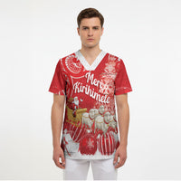 New Zealand Christmas In July Personalised Scrub Top Funny Santa Sheep Meri Kirihimete Red