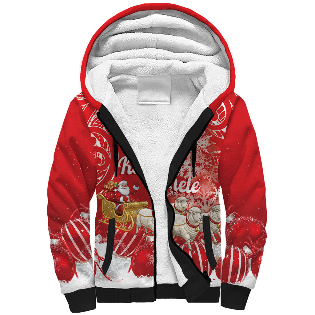 New Zealand Christmas In July Personalised Sherpa Hoodie Funny Santa Sheep Meri Kirihimete Red