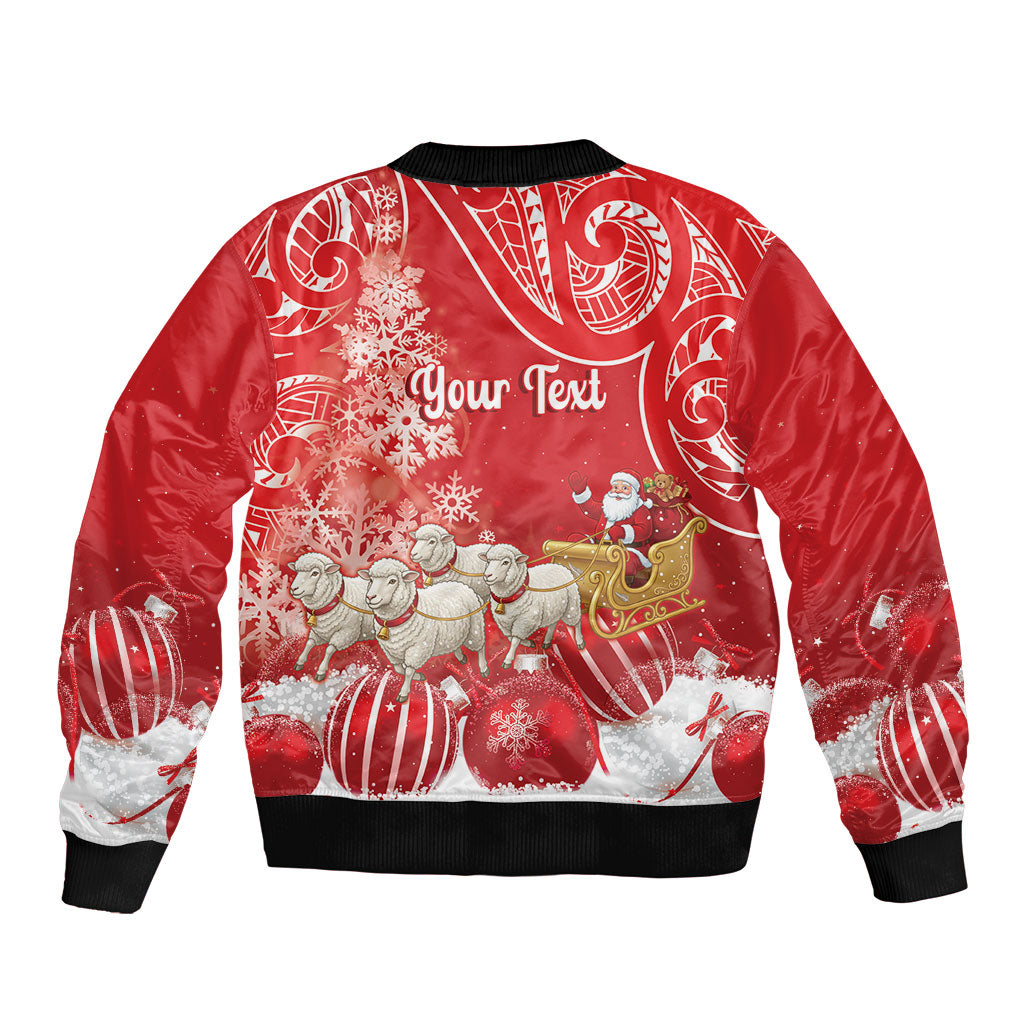 New Zealand Christmas In July Personalised Sleeve Zip Bomber Jacket Funny Santa Sheep Meri Kirihimete Red