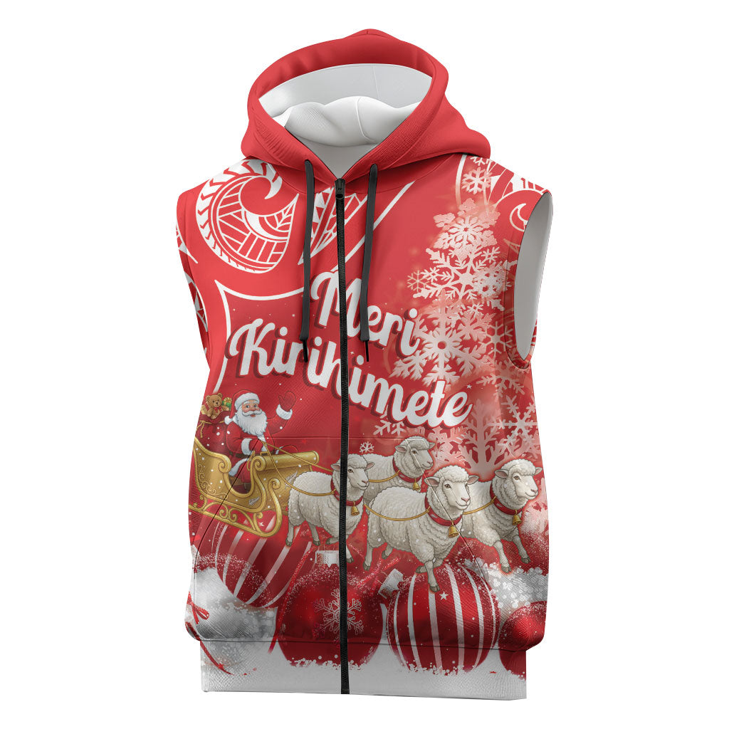 New Zealand Christmas In July Personalised Sleeveless Zip Hoodie Funny Santa Sheep Meri Kirihimete Red
