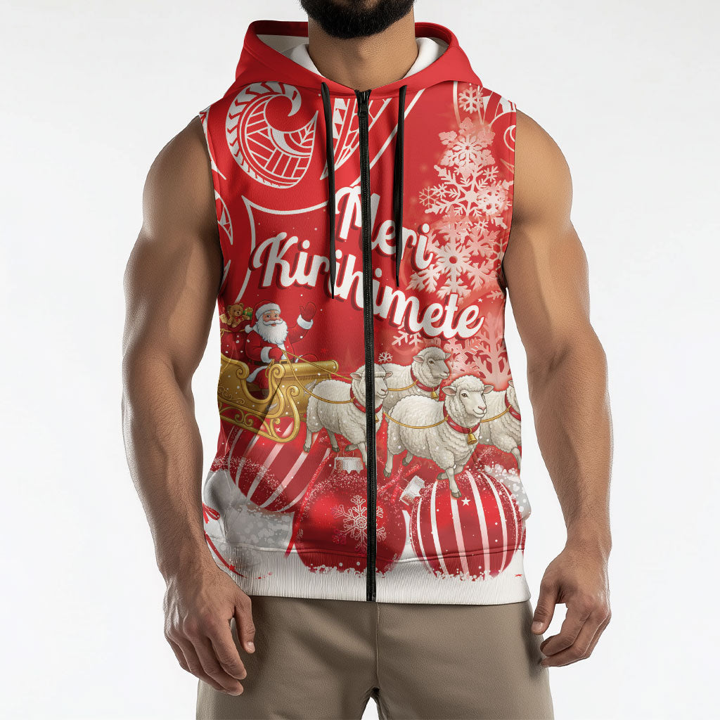 New Zealand Christmas In July Personalised Sleeveless Zip Hoodie Funny Santa Sheep Meri Kirihimete Red