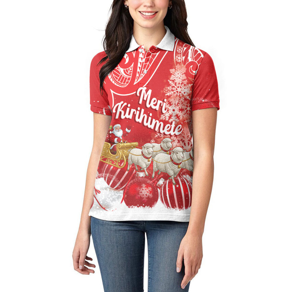 New Zealand Christmas In July Personalised Women Polo Shirt Funny Santa Sheep Meri Kirihimete Red