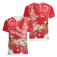 New Zealand Christmas In July Personalised Women V-Neck T-Shirt Funny Santa Sheep Meri Kirihimete Red