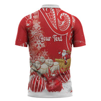New Zealand Christmas In July Personalised Zipper Polo Shirt Funny Santa Sheep Meri Kirihimete Red